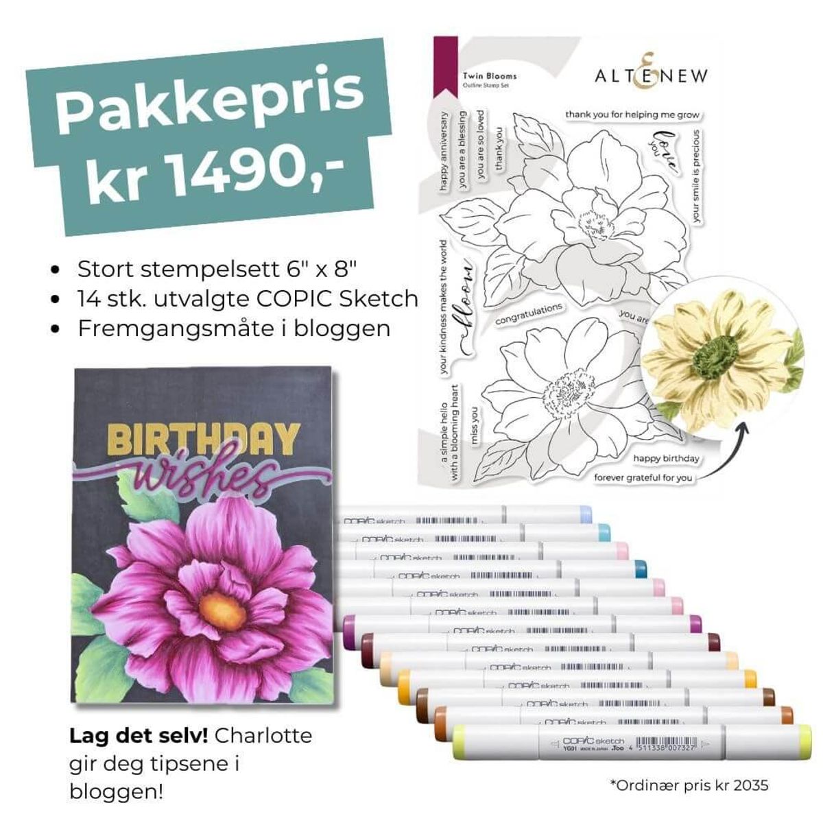 Twin Blooms stempel- og tusjpakke COPIC